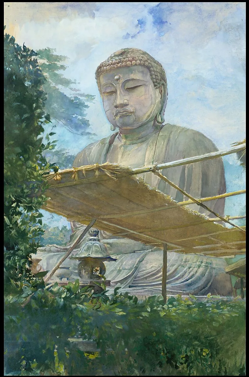 The Great Statue of Amida Buddha at Kamakura, Known as the Daibutsu, from the Priest's Garden — John La Farge