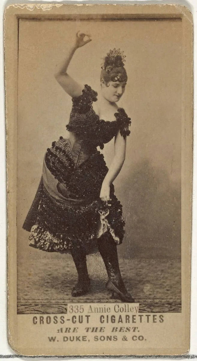 Card Number 335, Annie Colley, from the Actors and Actresses series (N145-3) issued by Duke Sons & Co. to promote Cross Cut Cigarettes — W. Duke, Sons & Co.