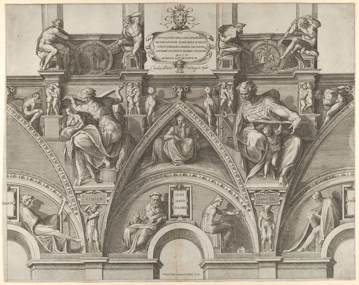 Portion of the Ceiling of the Sistine Chapel with the Libyan Sibyl, Prophet Daniel, Jesse, David, and Solomon, from Sibyls and Prophets from the Sistine Chapel Vaults — Michelangelo Buonarroti|Cherubino Alberti (Zaccaria Mattia)