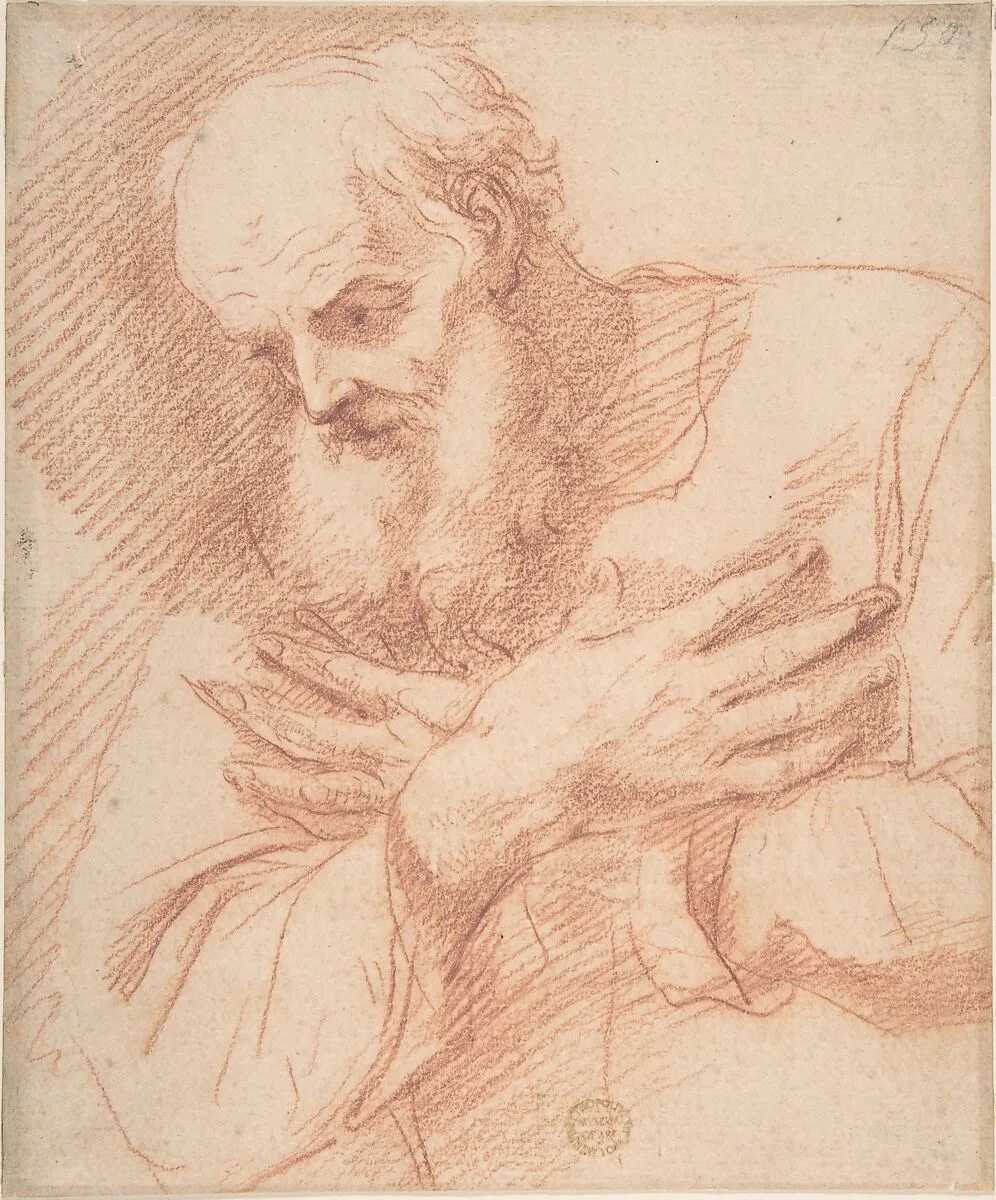 Old Bearded Man in Three-Quarter View with Hands Crossed Over His Chest — Anonymous, Italian, Roman-Bolognese, 17th century