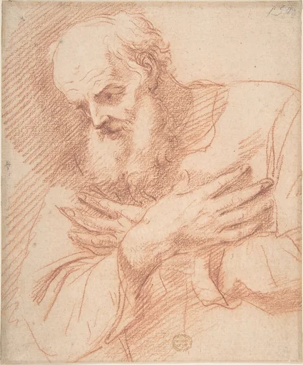 Old Bearded Man in Three-Quarter View with Hands Crossed Over His Chest