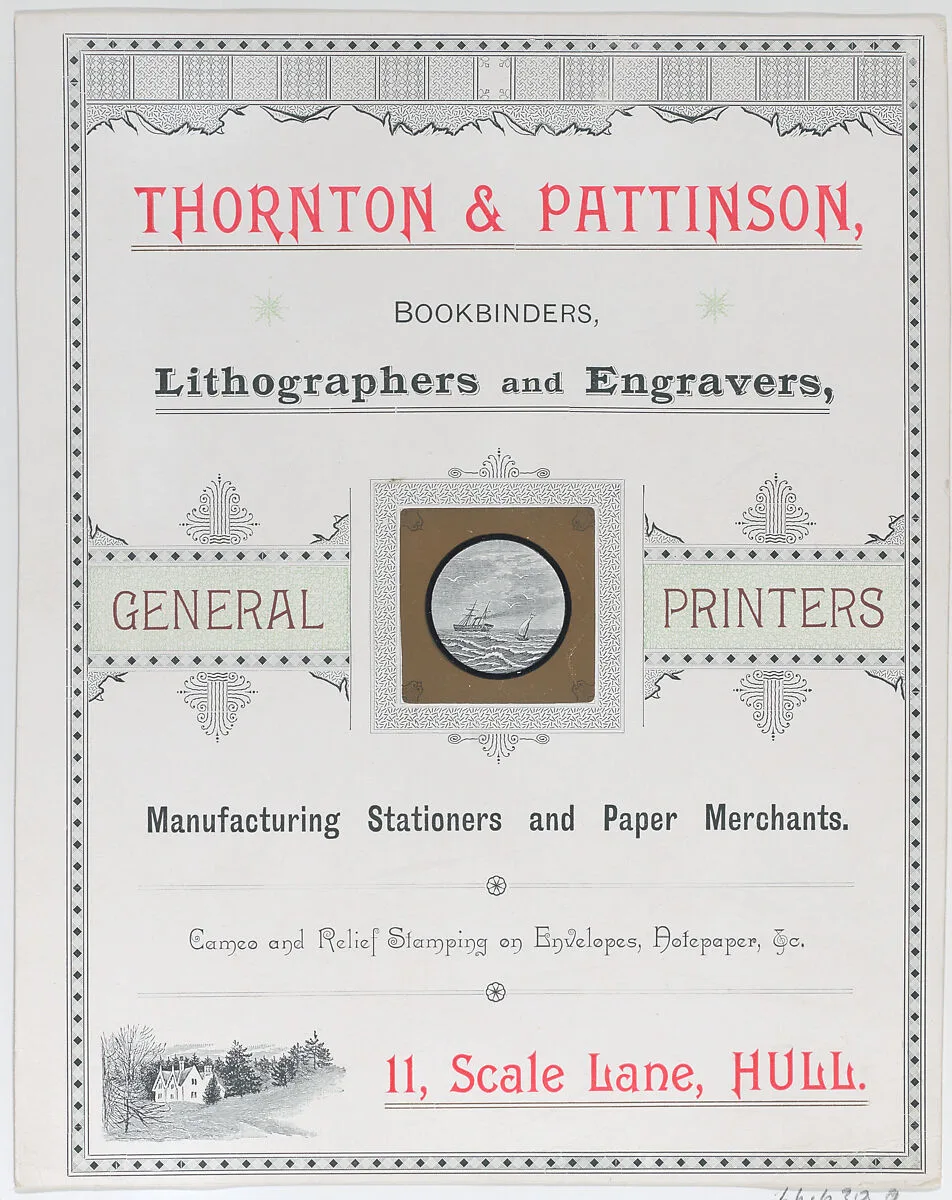 Trade Card for Thorton & Pattinson, Bookbinders, Lithographers and Engravers — Anonymous, British, 19th century