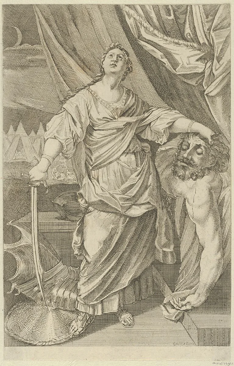 Judith standing and looking up, holding the head of Holofernes in her left hand and a sword in her right, tents in the background, after Reni — Guido Reni|Anonymous