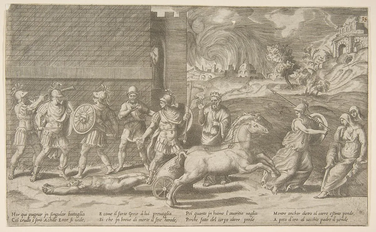 The combat of Hector and Achilles, and Achilles dragging the body of Hector around the walls of Troy — Giulio Bonasone