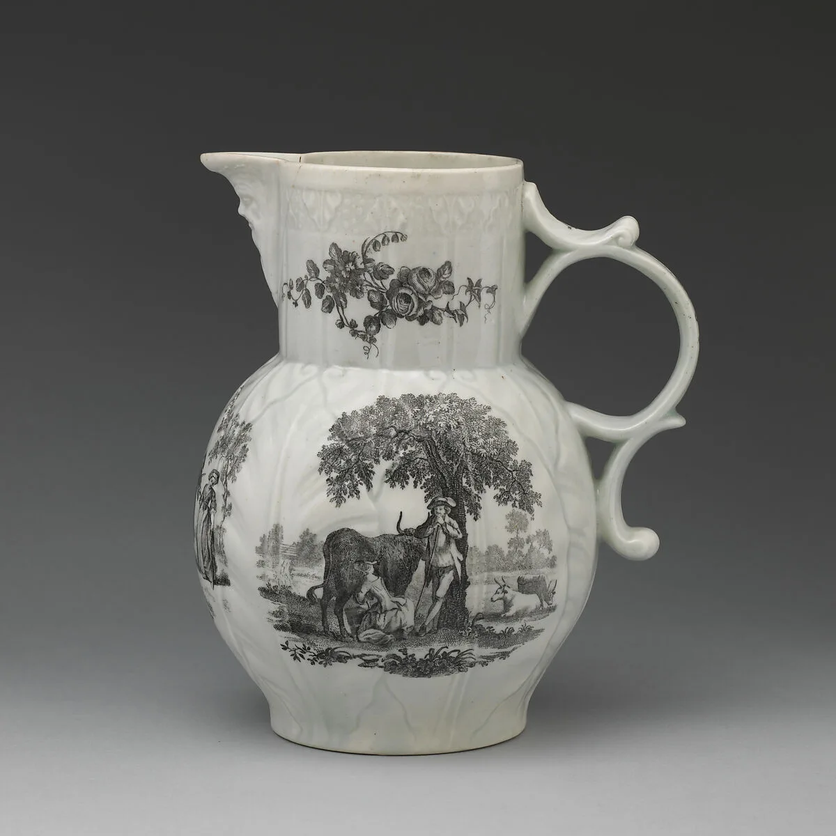 Jug — Worcester factory|Robert Hancock|François Vivares|Thomas Gainsborough|Chas. Grignon|Luke Sullivan|Francis Hayman