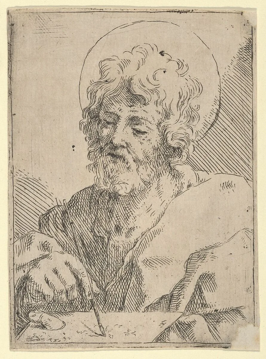 Saint Luke holding a paint brush and palette, after Reni (?) — Guido Reni|Anonymous, 17th century
