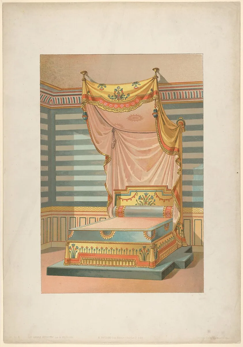 Bed in Egyptian Style, from 'Nouveaux modèles de Tentures (Bibliothèque de l'Ameublement)' — Ernest Foussier|E. Thézard Fils, Librarie Speciale d'Architecture|Henry Sicard