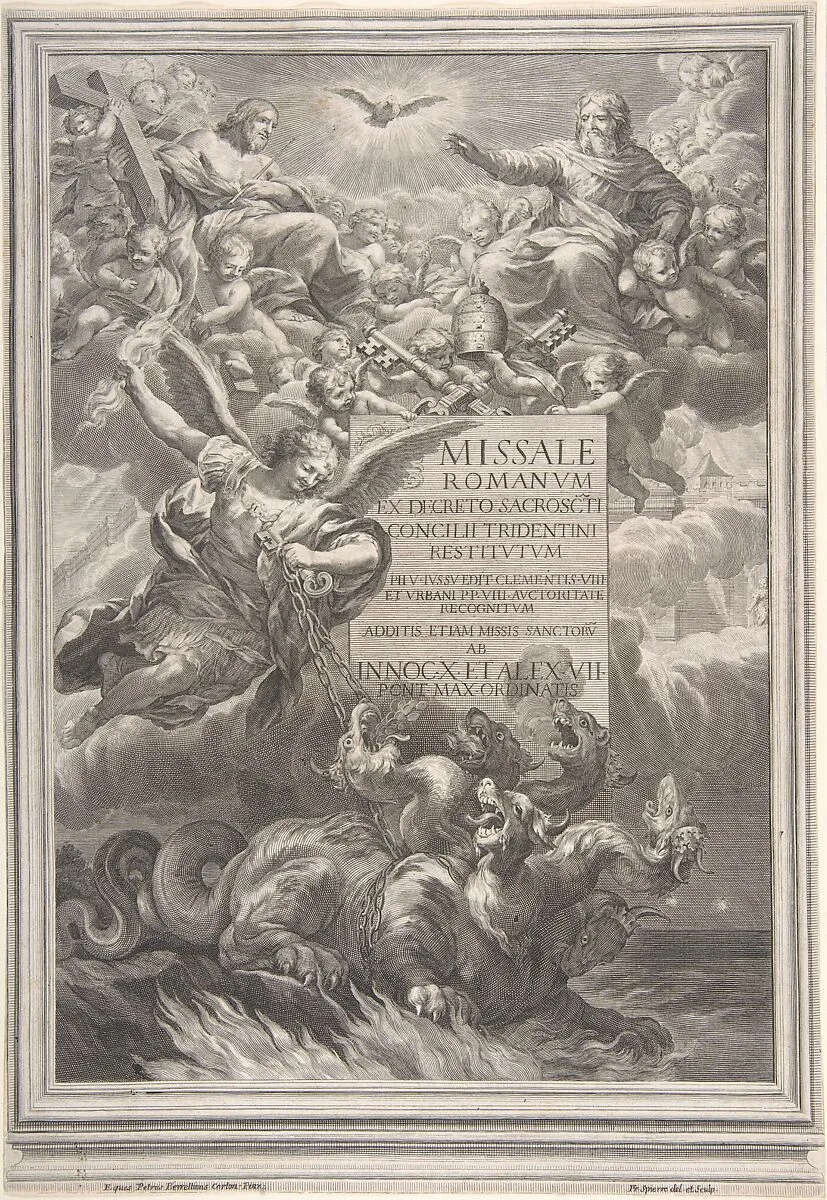 The holy trinity with Saint Michael vanquishing a six-headed dragon, frontispiece to 'Missale Romanum ex decreto sacrosancti Concilii tridentini restitutum' — Pietro da Cortona (Pietro Berrettini)|François Spierre
