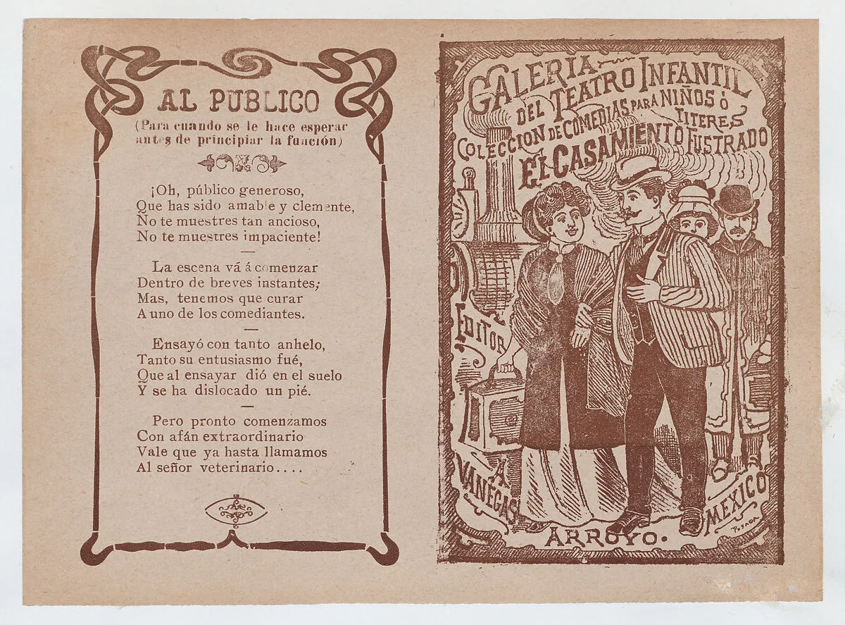 Cover for 'El Casamiento Fustrado', a man and woman walking arm in arm, a train in the background — José Guadalupe Posada|Antonio Vanegas Arroyo