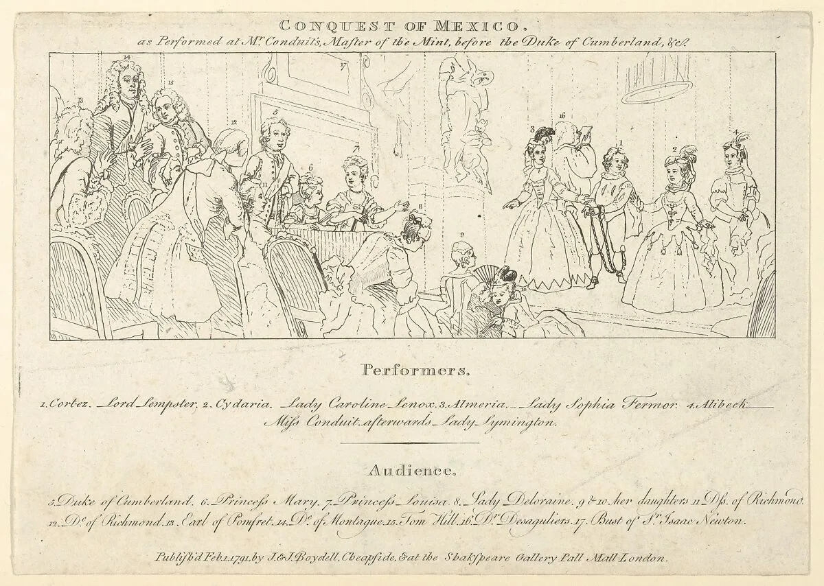 Key with List of Performers to: The Indian Emperor, or, The Conquest of Mexico, Act 4, scene 4 — William Hogarth|John & Josiah Boydell|John Dryden