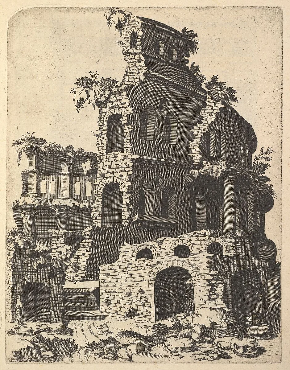 Ruins of a Basilica (?) from the series 'Ruinarum variarum fabricarum delineationes pictoribus caeterisque id genus artificibus multum utiles' — Gerard de Jode|Lambert Suavius