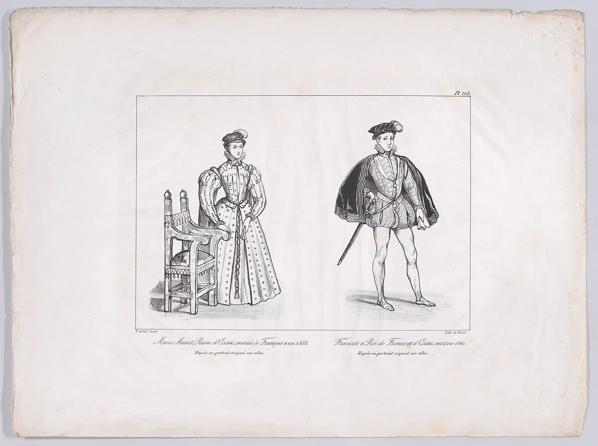 Mary, Queen of Scots and Francis II, King of France (from "Collection des costumes, armes et meubles pour servir à l'histoire de France depuis le commencement du Veme siècle jusqu'à nos jours," plate 268) — Mary, Queen of Scots|Villain|Horace de Viel-Castel|François II, King of France