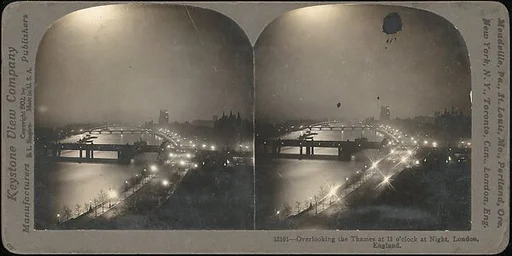 [Group of 5 Stereograph Views of the Thames River at Night, London, England]