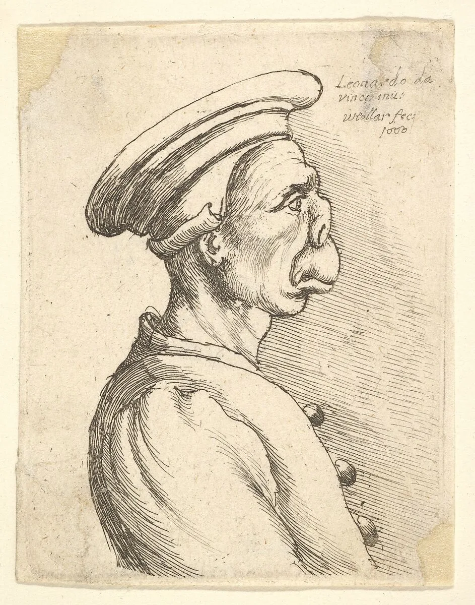 Bust of a man with a flat nose and protruding mouth, wearing flat cap and buttoned coat in profile to right — Leonardo da Vinci|Wenceslaus Hollar