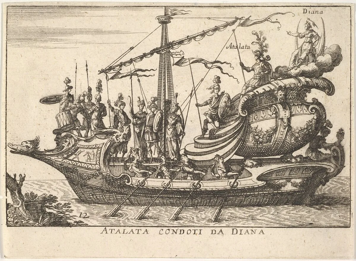 Plate 12: Atalanta led by Diana (Atalata condoti da Diana), accompanied by warriors bearing shields and spears, from the series 'The magnificent pageant on the river Arno in Florence for the marriage of the Grand Duke' (Le Magnifique carousel fait sur le fleuve de l'Arne a Florence, pour le mariage du Grand Duc), for the wedding celebration of Cosimo de' Medici in Florence, 1608 — Giulio Parigi|Anonymous|Remigio Cantagallina|Jean Sauvé