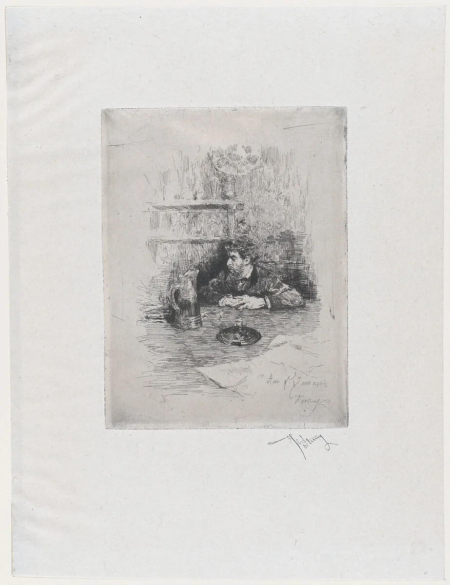 Portrait of the painter Eduardo Zamacois seated at a table — Mariano Fortuny, 1838–1874