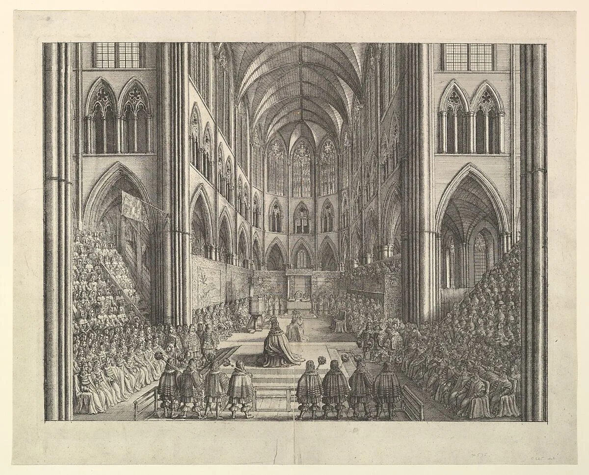 The Coronation of King Charles the II in Westminster Abbey, April 23, 1661 (from John Ogilby's "The Entertainment of...Charles II," London, 1662) — Wenceslaus Hollar