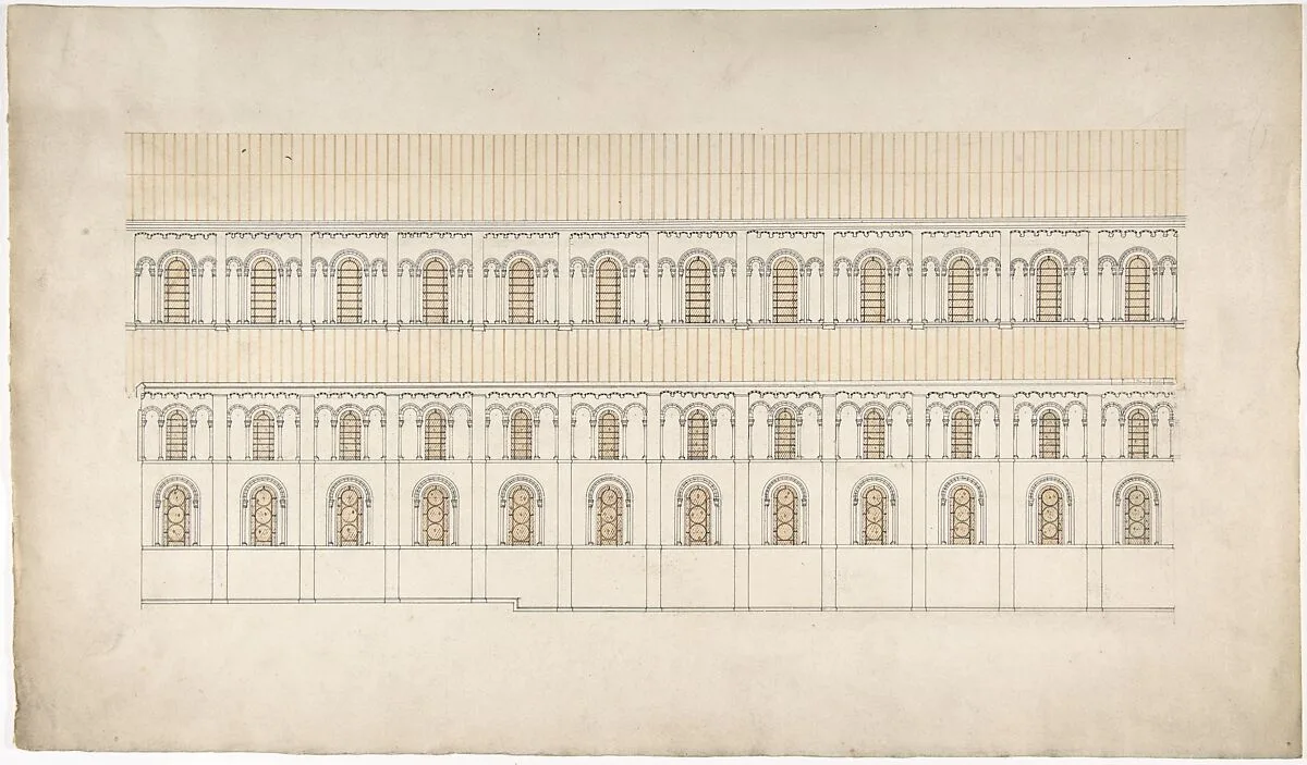 Elevation of a Pseudo-Romanesque Hall or Church — Anonymous, British, 19th century