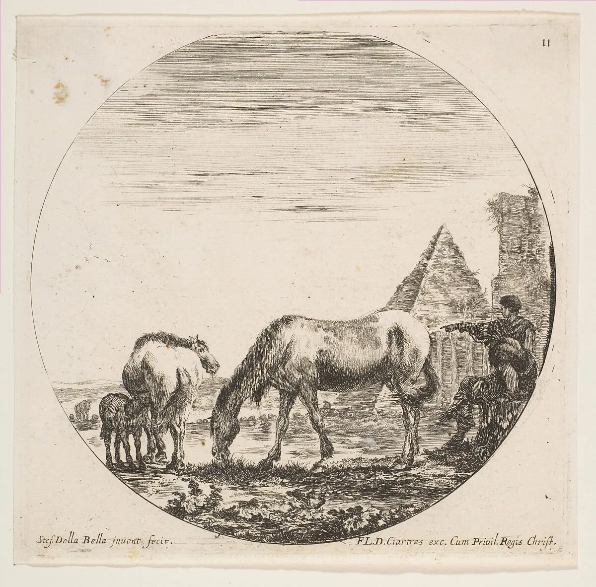 The pyramid of Caius Cestius at right in the background, a horse grazing at center, a foal suckling a mare at left, two shepherds at right, plate 11 from "Roman landscapes and ruins" (Paysages et ruines de Rome) — Stefano della Bella|François Langlois