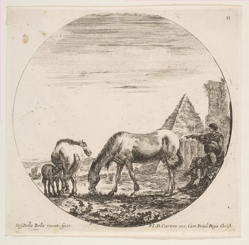 The pyramid of Caius Cestius at right in the background, a horse grazing at center, a foal suckling a mare at left, two shepherds at right, plate 11 from "Roman landscapes and ruins" (Paysages et ruines de Rome)