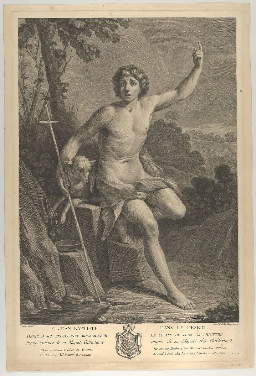 Saint John the Baptist in the desert, seated on a rock and pointing upward with his left hand, a lamb at his right, after Reni — Guido Reni|Pedro Pascual Moles