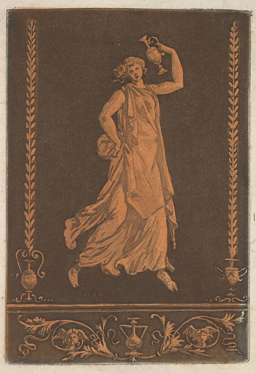 Jeune femme drapée, marchant de gauche à droit, portant un vase de métal (Young draped woman, walking from left to right, carrying a metal vase in the style of red-figure vase painting), most likely from Recueil de Différentes Compositions Frises et Ornements dessinées et gravées à la manière du lavis par La Grenée le Juene Se trouve chez l'Auteur, au Louvre et chez Basan, rue et Hôtel Serpente A Paris, in an album containing Recueil de Compositions par Lagrenée Le Jeune (Collection of Compositions by Lagrenée the Younger) — Jean Jacques Lagrenée