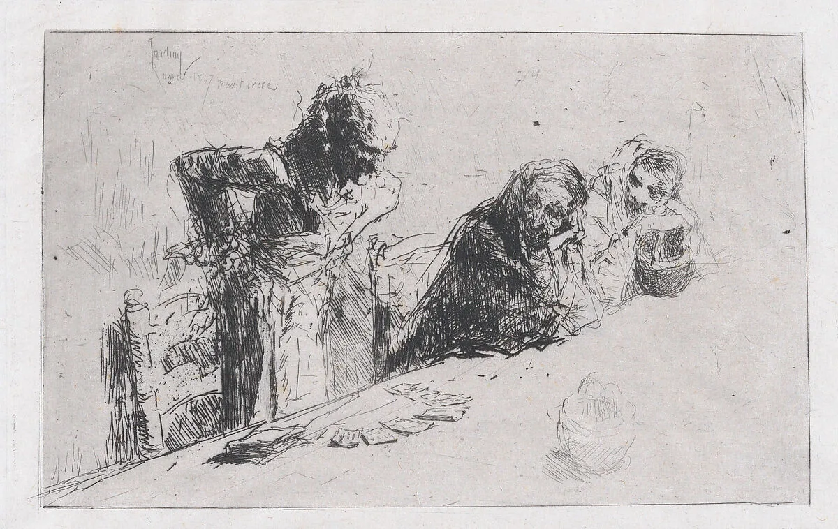 Cardplayers: three men, two seated one standing before a spread of cards on a table — Mariano Fortuny Marsal