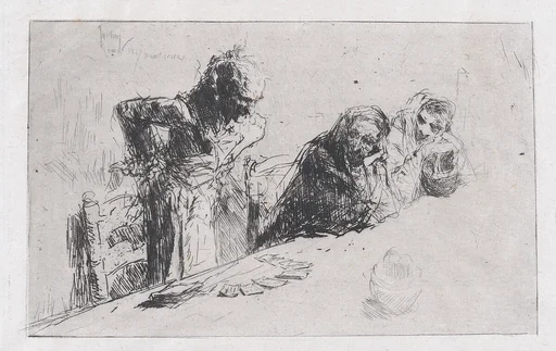 Cardplayers: three men, two seated one standing before a spread of cards on a table
