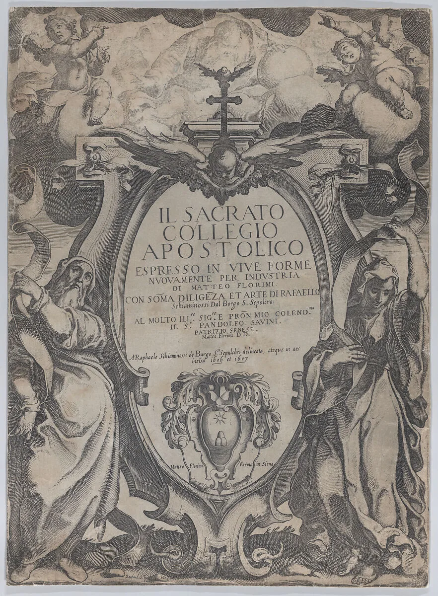 Frontispiece with two figures holding scrolls and cherubs flanking the cartouche at center, from 'The Consecrated Apostolic College' (Il sacrato collegio apostolico) — Matteo Florimi|Raffaello Schiaminossi