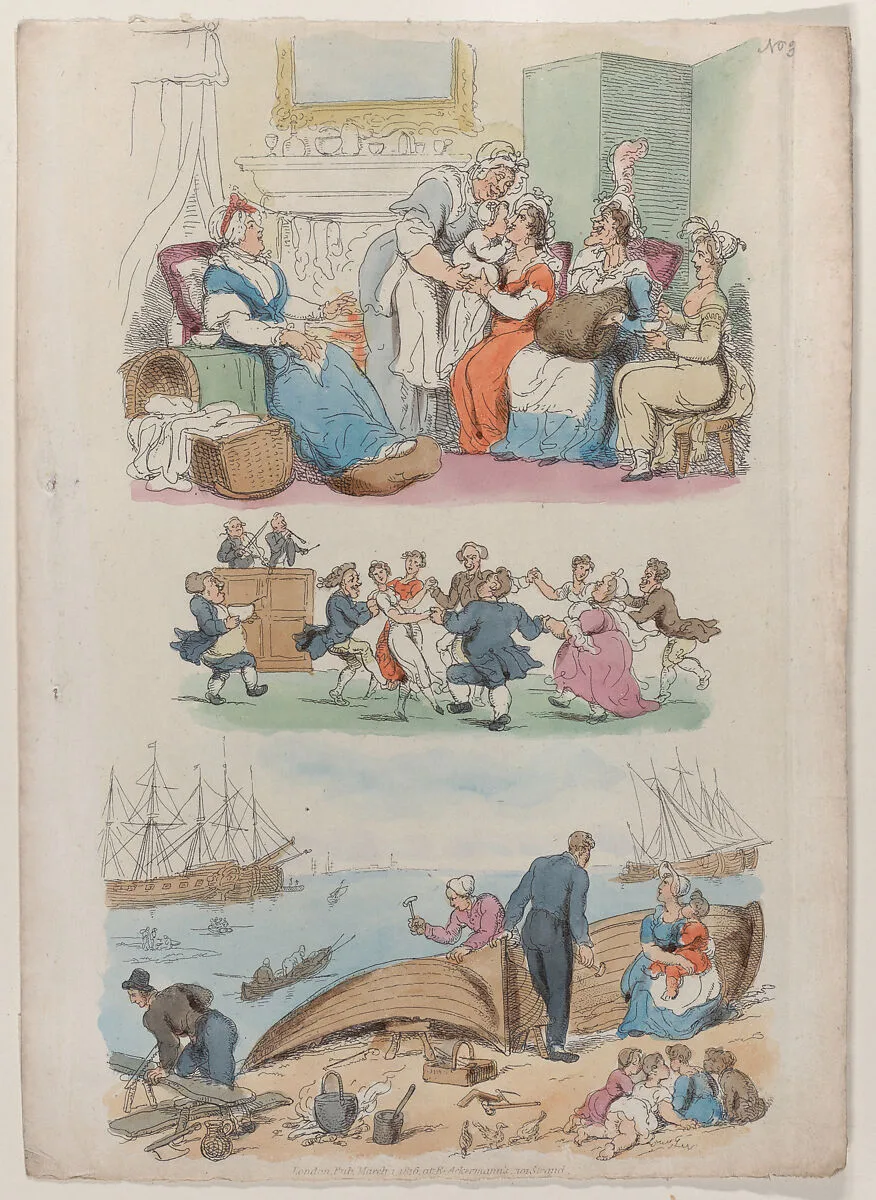 Plate 4: A Lying-in Visit, A Round Dance, from "World in Miniature" — Thomas Rowlandson|Rudolph Ackermann, London