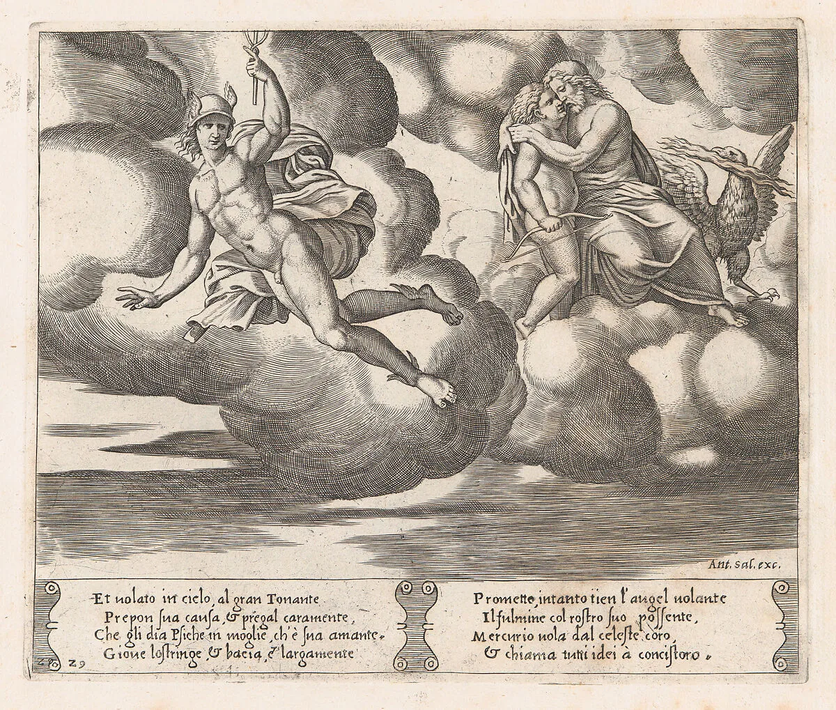 Plate 29: Cupid begging Jupiter to have mercy on Psyche with Mercury at left, from "The Story of Cupid and Psyche as told by Apuleius" — Antonio Salamanca|Master of the Die|Michiel Coxie (I)