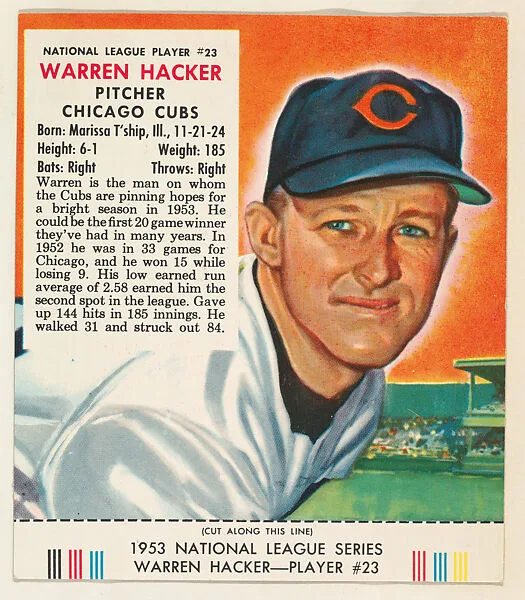 Warren Hacker, from the Red Man All-Star Team series (T233), issued by Red Man Chewing Tobacco — Red Man Chewing Tobacco