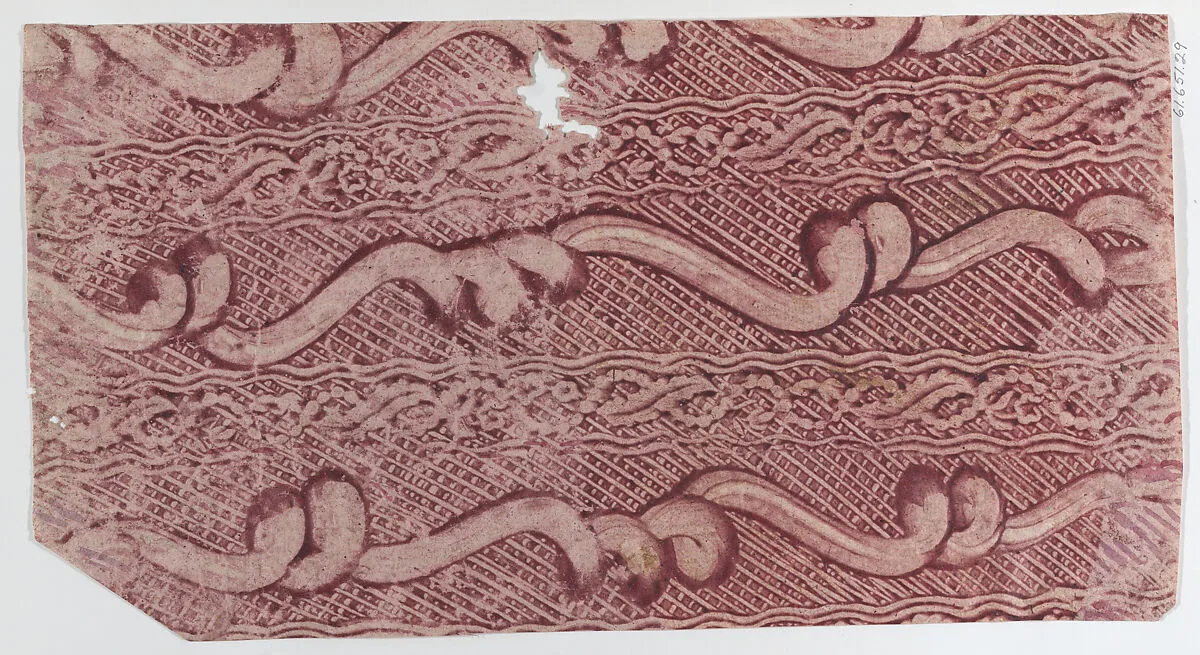 Red paste paper with crisscross and wavy line pattern — Anonymous