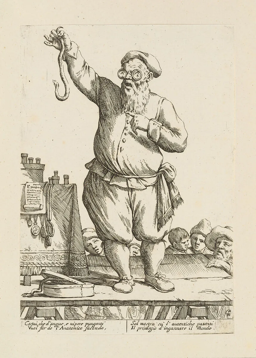 Charlatan on His Stage, Holding a Snake, from Di Bologna l'Arti per via D'An.ibal' Ca.rac, plate 25 — Giuseppe Maria Mitelli|Annibale Carracci