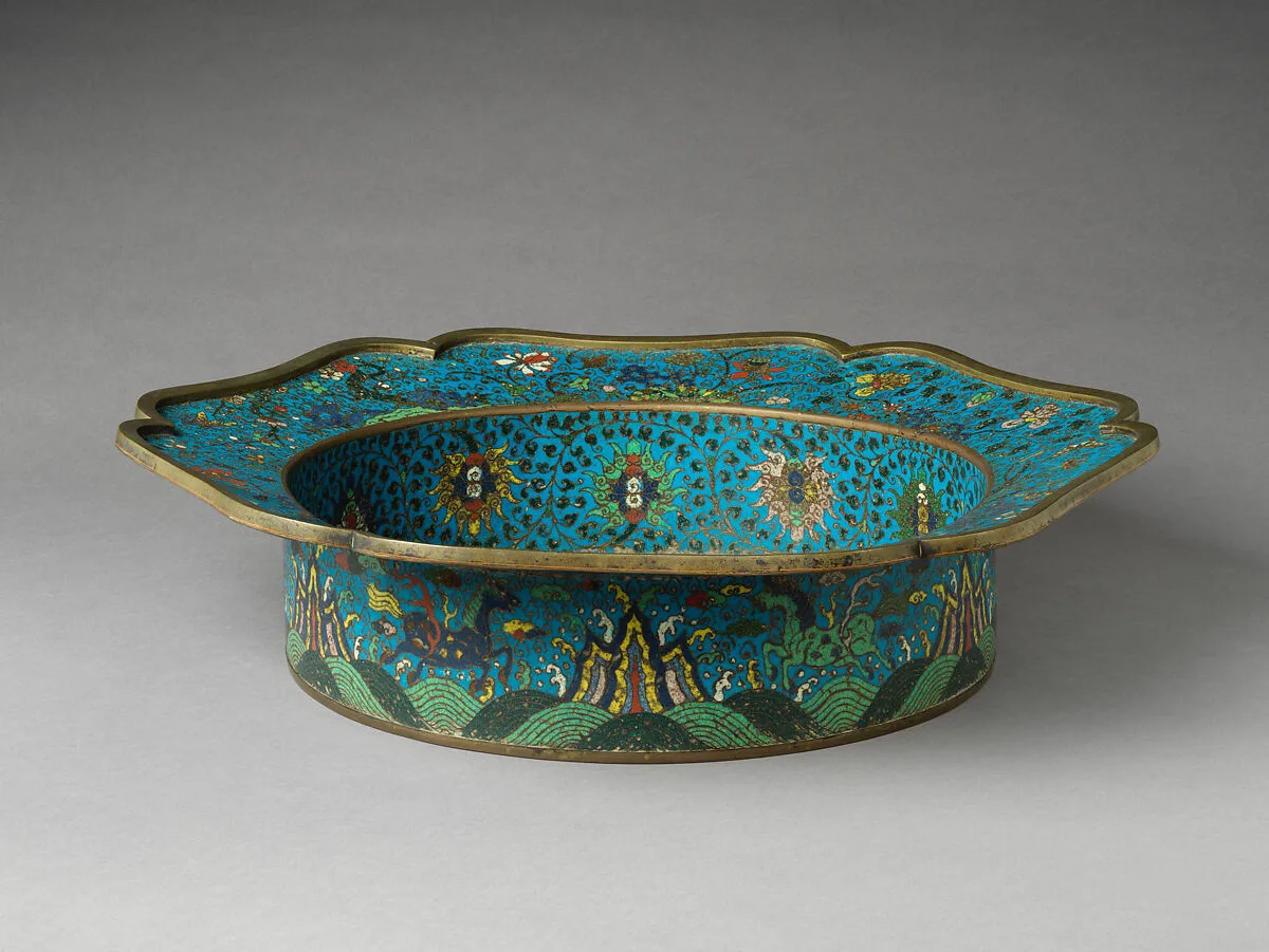晚明清初 掐絲琺瑯海屋添籌圖盆|Basin with scene of Daoist immortals — Unknown