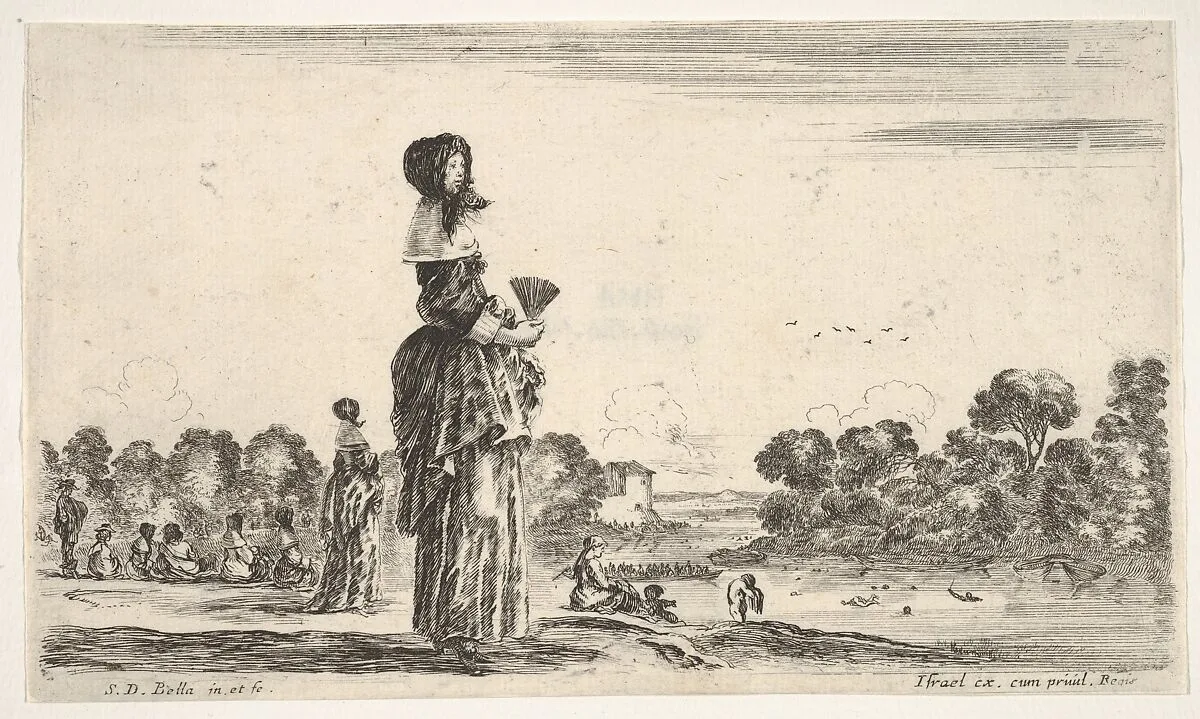 A lady standing in center holding a fan watching the bathers in the river to right, other ladies and men watching bathers to left in the background, from 'Various figures and lands' (Diverse figure e paesi) — Stefano della Bella|Israël Henriet