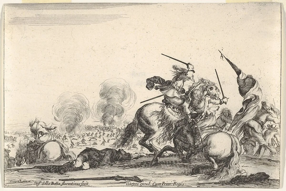 A skirmish, two horsemen battling with swords to the right, men carrying a flag running away towards the right, a dead man on the ground and a horseman seen from behind to the left, from 'Varie figure' — Stefano della Bella|François Langlois