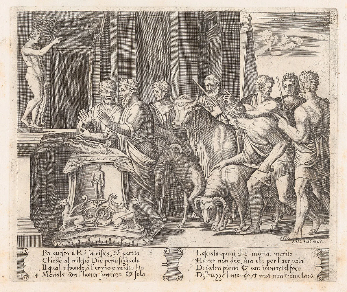 Plate 4: Psyche's father consulting the Oracle, accompanied by another king, from "The Story of Cupid and Psyche as told by Apuleius" — Antonio Salamanca|Agostino Veneziano (Agostino dei Musi)|Michiel Coxie (I)