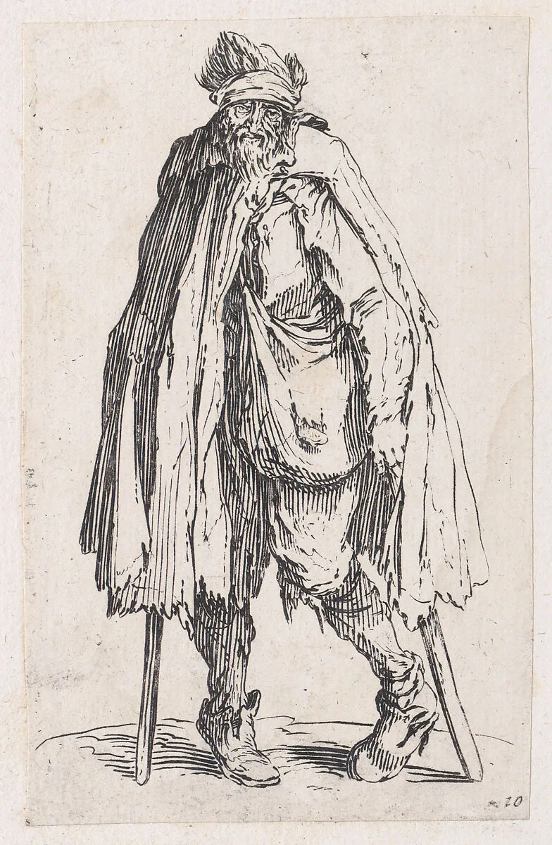 Reverse Copy of Le Mendiant aux Béquilles et la Besace (The Beggar with the Crutches and the Pouch), from Les Gueux suite appelée aussi Les Mendiants, Les Baroni, ou Les Barons (The Beggars, also called the Barons) — Jacques Callot|Anonymous