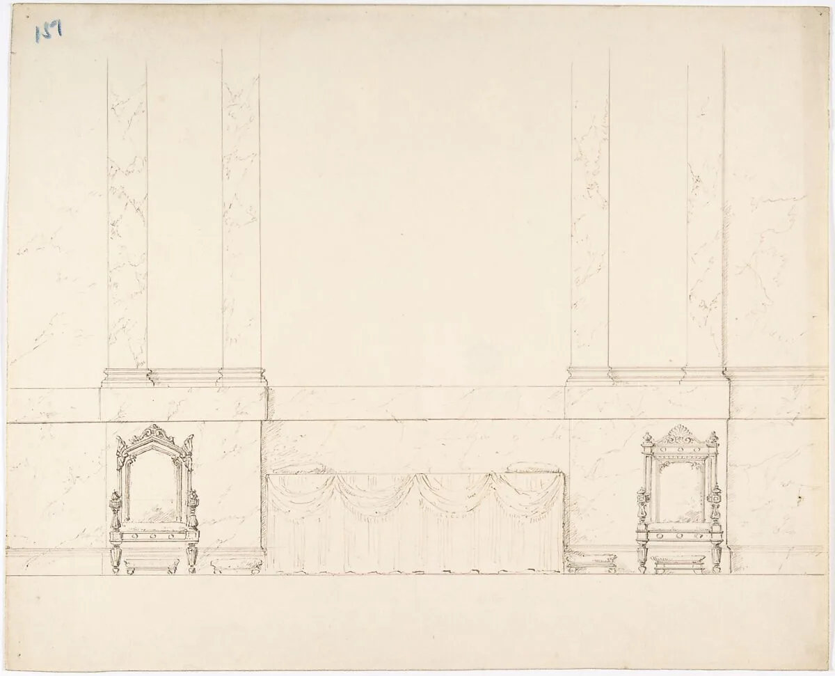 Elevation of a Wall with Marble Pilasters, a Draped Table and Two Armchairs with Footstools — Anonymous, British, 19th century