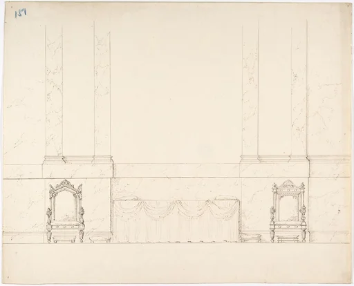 Elevation of a Wall with Marble Pilasters, a Draped Table and Two Armchairs with Footstools