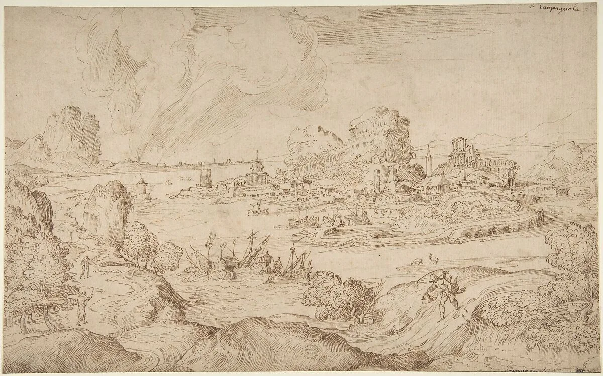 Imaginary Coastal Landscape with Ruins — Domenico Campagnola