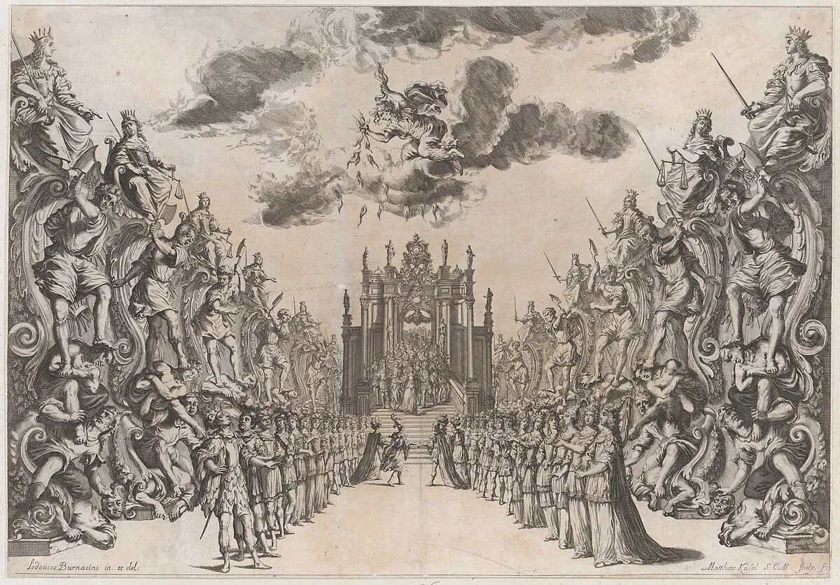 Magnificent Hall of Astrea; men and women gathered in the street to view a procession through a triumphal arch and down the stairs into the city; the procession is led by a female wearing a crown, she is followed by various figures in varying costume; set design from 'La Monarchia Latina Trionfante' — Mathäus Küsel|Ludovico Ottaviano Burnacini