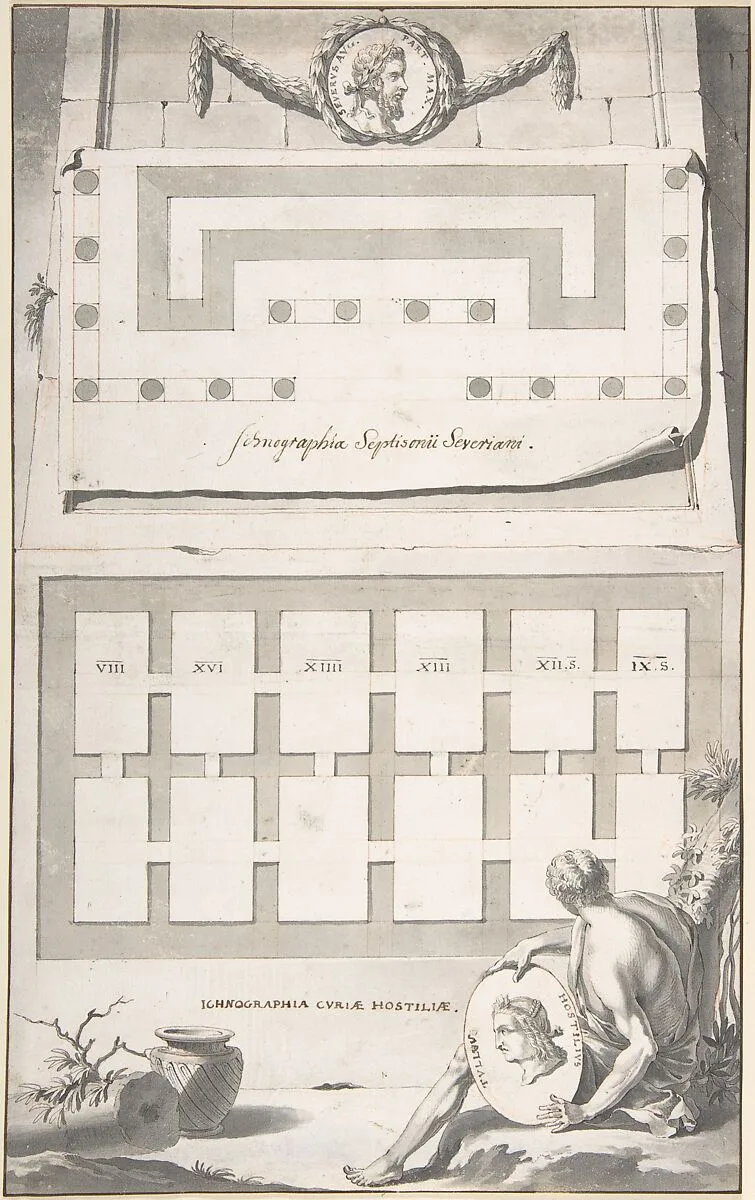Ichnographia (or groundplan) of the Arch of Septimius Severus (above) and the Curia Hostilia (below) — Jan Goeree