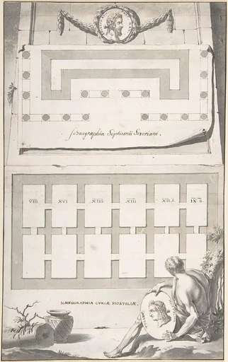 Ichnographia (or groundplan) of the Arch of Septimius Severus (above) and the Curia Hostilia (below)