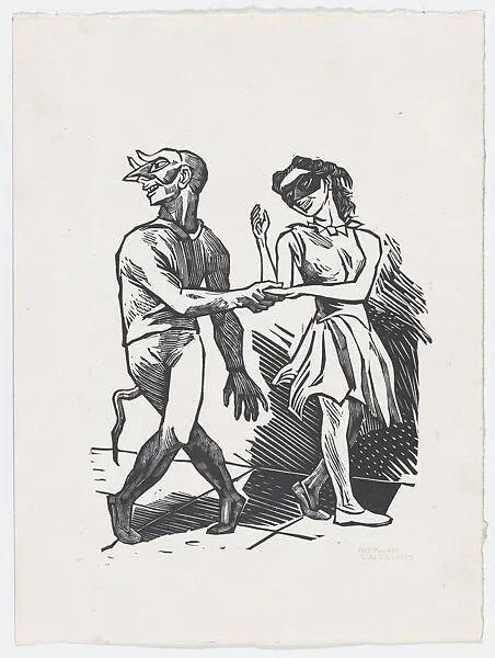 The devil's dance, a man and woman wearing costumes and masks dancing — Alfredo Zalce