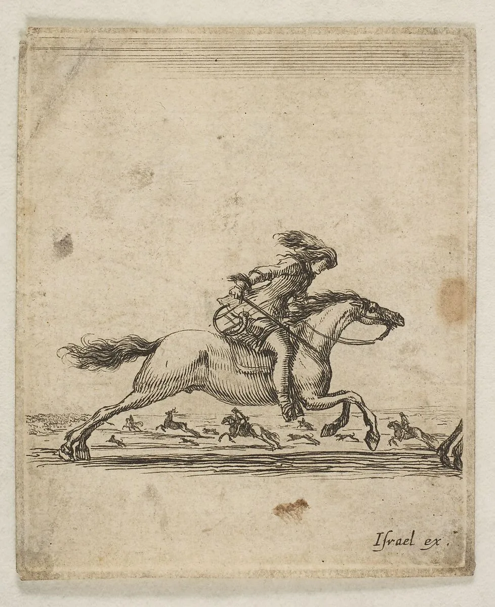 A horseman with sword in hand galloping towards the right, other horsemen galloping towards the left in the background, from "Various cavalry exercises" (Diverses exercices de cavalerie) — Stefano della Bella|Israël Henriet
