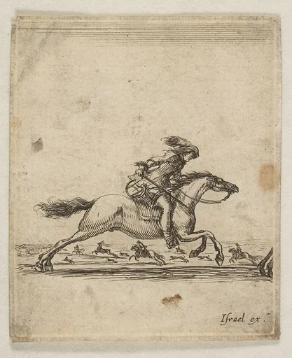A horseman with sword in hand galloping towards the right, other horsemen galloping towards the left in the background, from "Various cavalry exercises" (Diverses exercices de cavalerie)