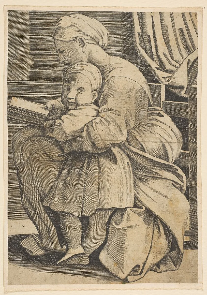 The Virgin reading with the infant Christ; woman seated in profile facing left and reading with an arm around a child who looks out toward the viewer — Marco Dente|Raphael (Raffaello Sanzio or Santi)|Anonymous, Italian, 16th to early 17th century