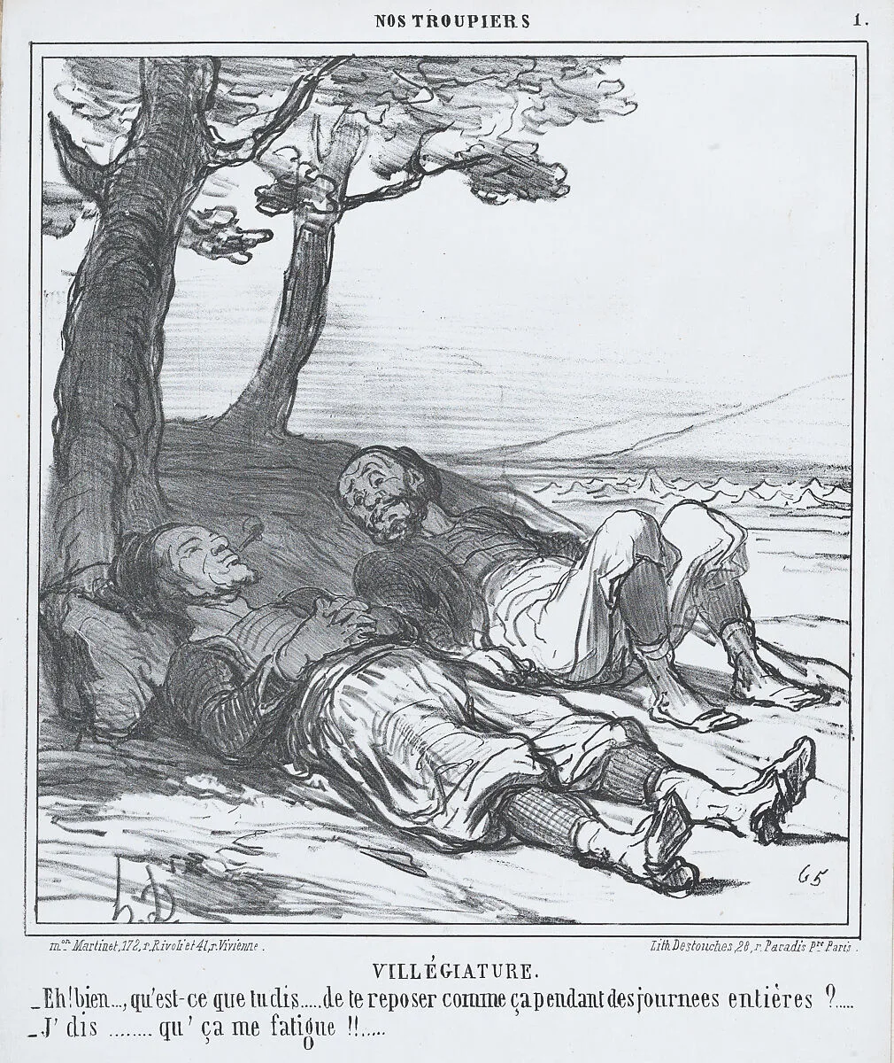 Villégiature, from Nos Troupiers, published in Le Charivari, July 26, 1859 — Destouches|Honoré Daumier|Aaron Martinet